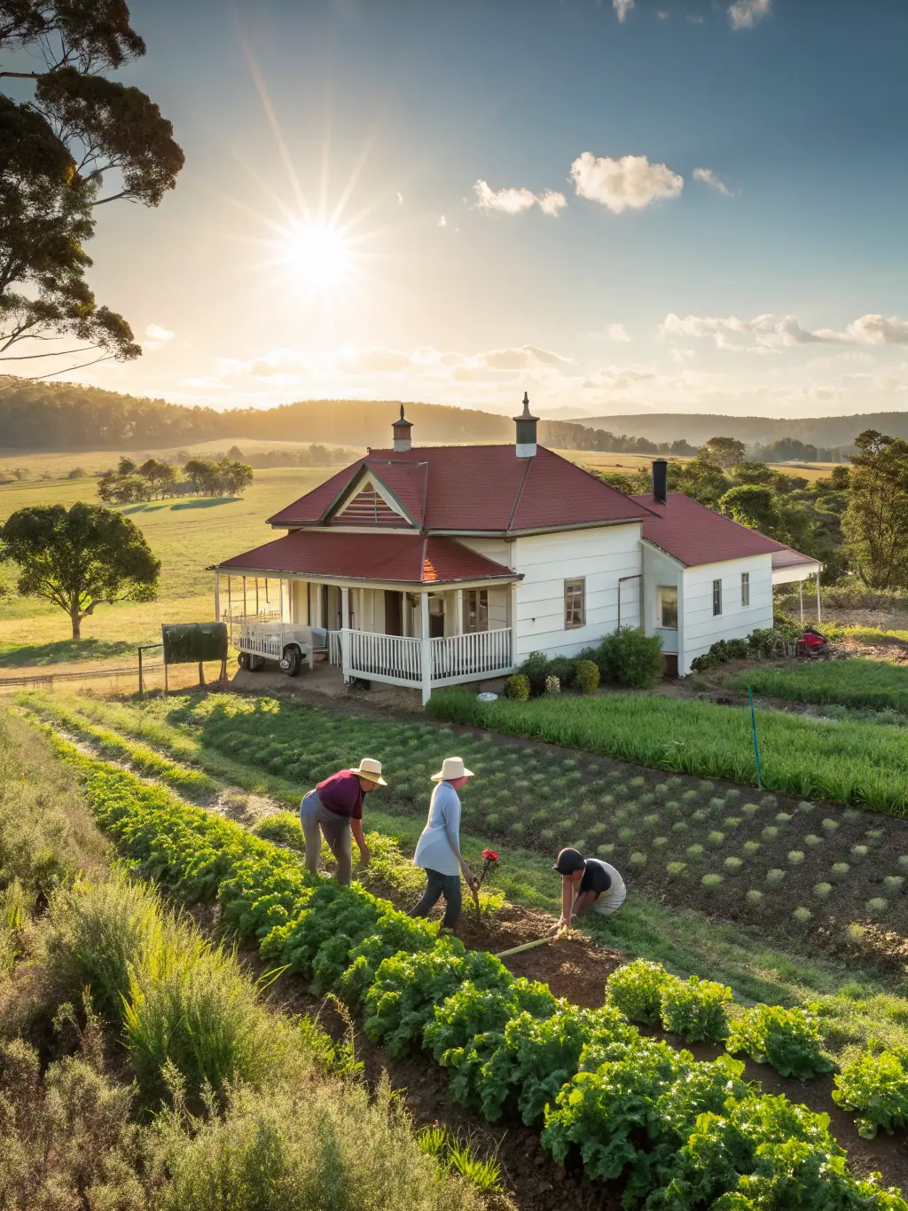 A scenic view of a sprawling Australian farm with a farmhouse and fields, symbolizing Property Loans offered by Pay In Time.